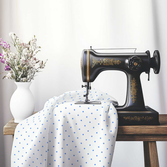 Off-White Cotton Canvas Fabric with Blue Diamonds, FACC-1400-101