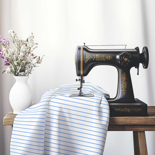 Off-White Cotton Canvas Fabric with Fine Blue Stripes, FACC-1400-151