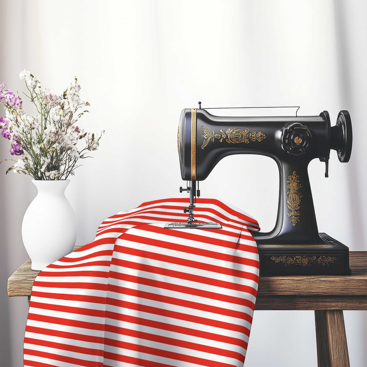Off-White Cotton Canvas Fabric with Red Bars, FACC-1410-051