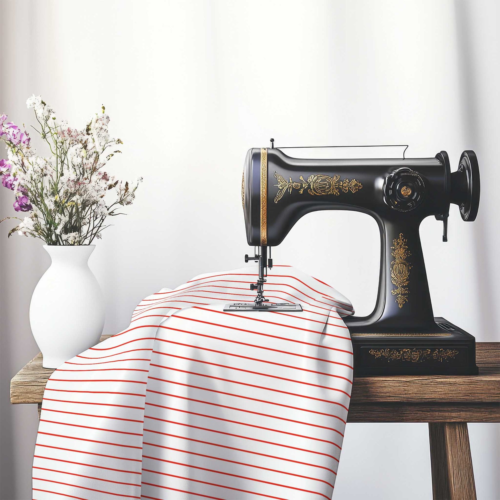 Off-White Cotton Canvas Fabric with Fine Red Stripes, FACC-1410-151