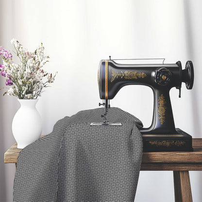 Off-White Cotton Sateen Fabric with Black Single Weave Motif Print, FASC-1010-142, on an antique sewing machine sitting on a desk with vase of beautiful flowers.