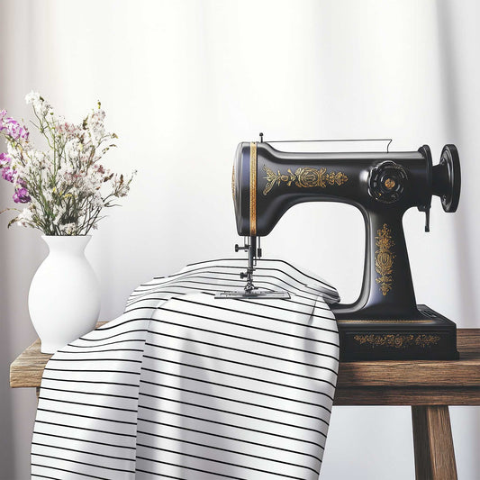 White Cotton Sateen Fabric with Fine Black Stripes, FACS-1010-151, on an antique sewing machine sitting on a desk with vase of beautiful flowers.