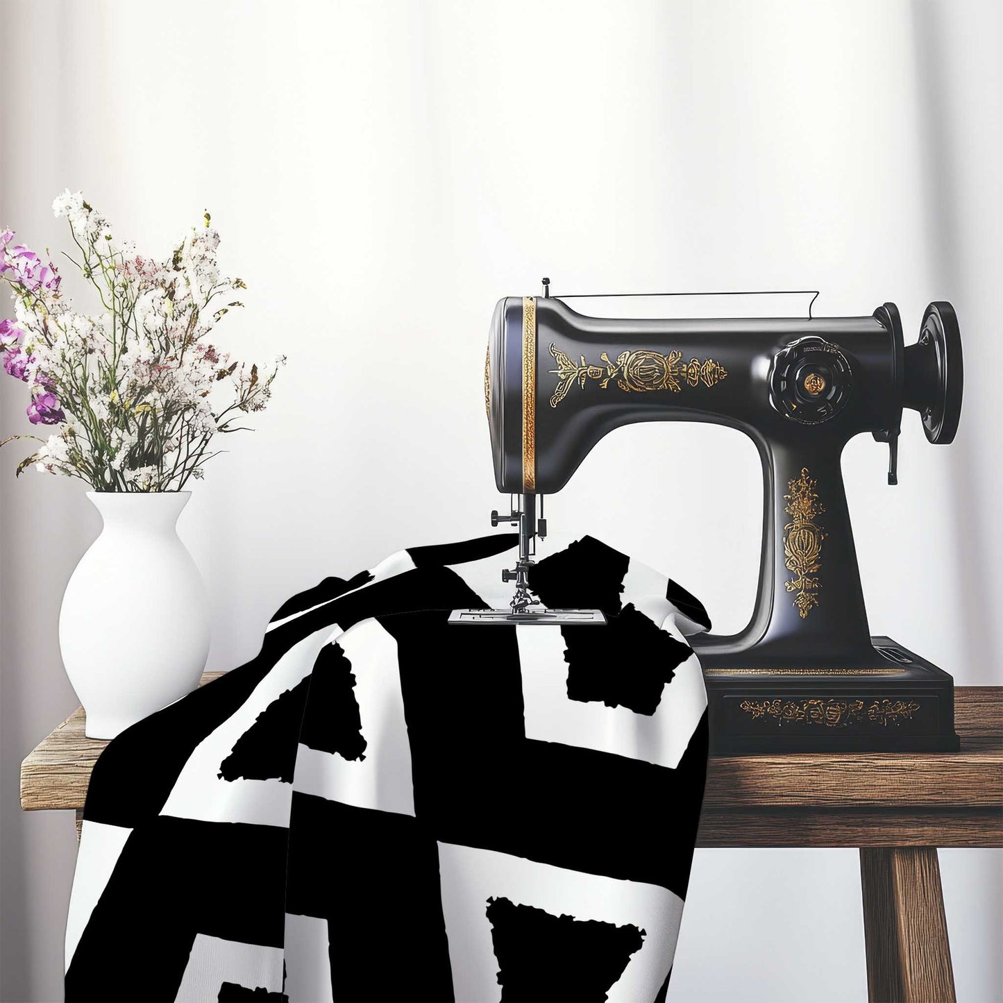 Black Cotton Sateen Fabric with Bold Off-White Graphic , FASC-1010-392, on an antique sewing machine sitting on a desk with vase of beautiful flowers.