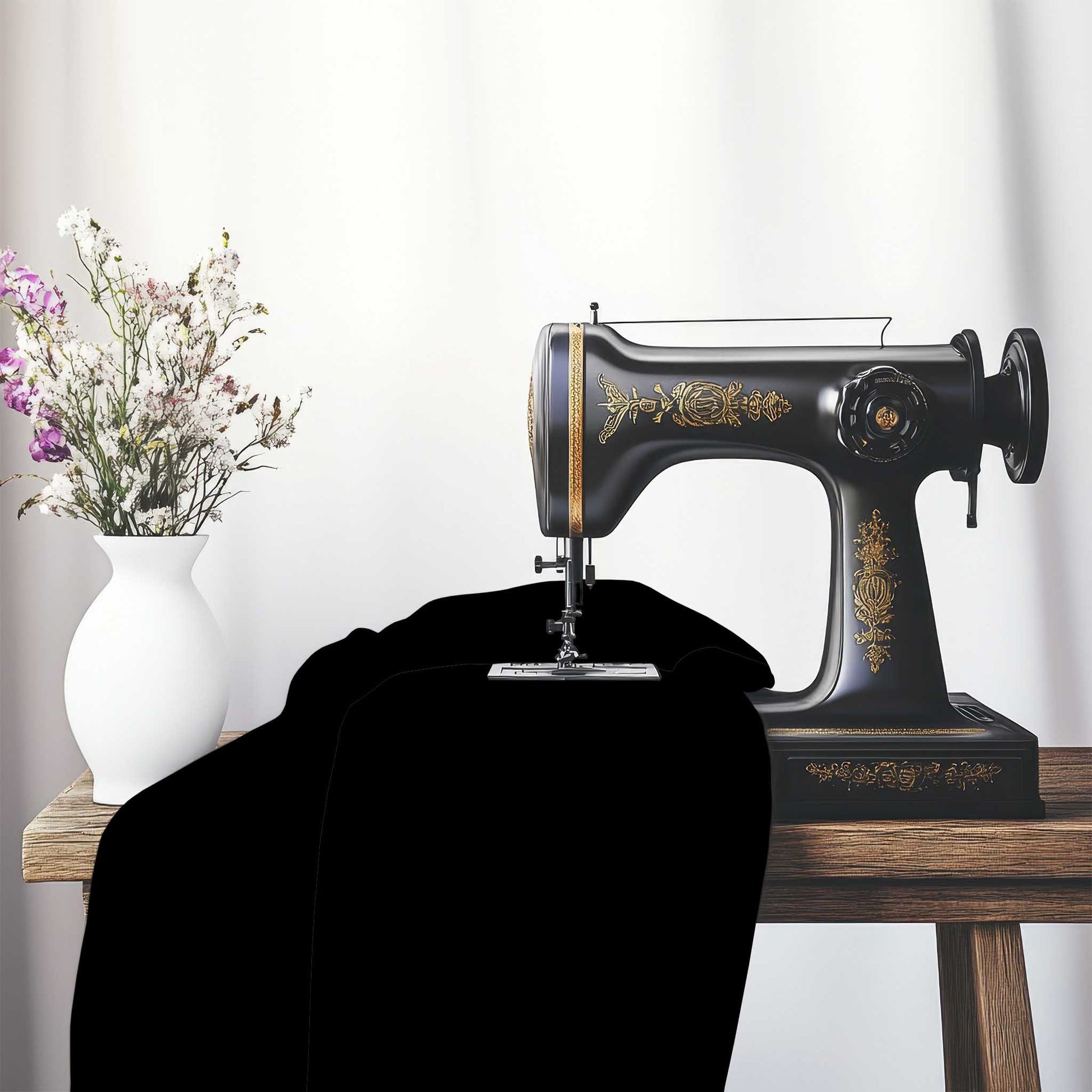 Black Cotton Sateen Fabric, FACS-1010-999, on an antique sewing machine sitting on a desk with vase of beautiful flowers.
