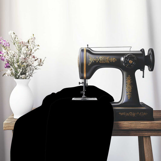 Black Cotton Sateen Fabric, FACS-1010-999, on an antique sewing machine sitting on a desk with vase of beautiful flowers.