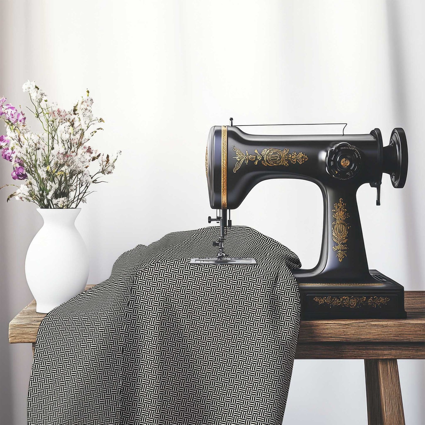 Pale Cream Cotton Sateen Fabric with Black Double Weave Motif Print, FASC-1013-144, on an antique sewing machine sitting on a desk with vase of beautiful flowers.