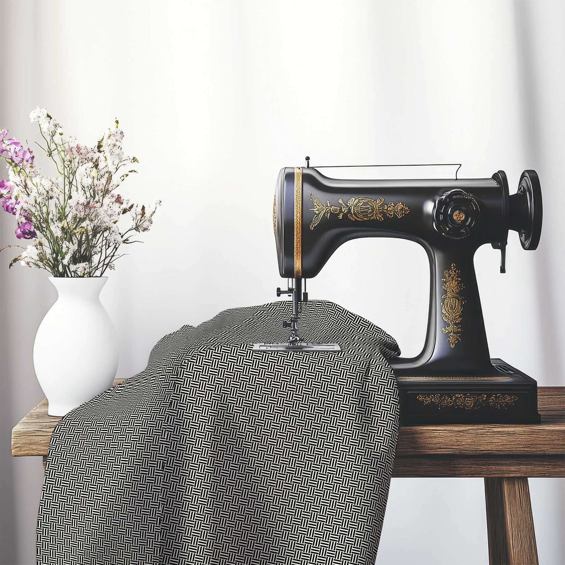 Pale Cream Cotton Sateen Fabric with Black Double Weave Motif Print, FASC-1013-144, on an antique sewing machine sitting on a desk with vase of beautiful flowers.