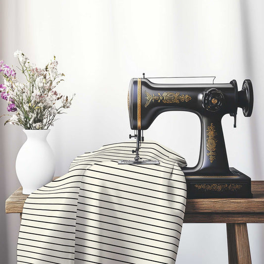 Cotton Sateen Fabric with Fine Black Stripes onPale Cream, FACS-1013-151, on an antique sewing machine sitting on a desk with vase of beautiful flowers.