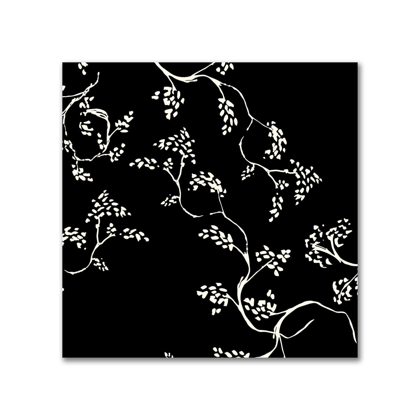 Black Cotton Sateen Fabric with Pale Cream Vine Print  | FACS-1013-182