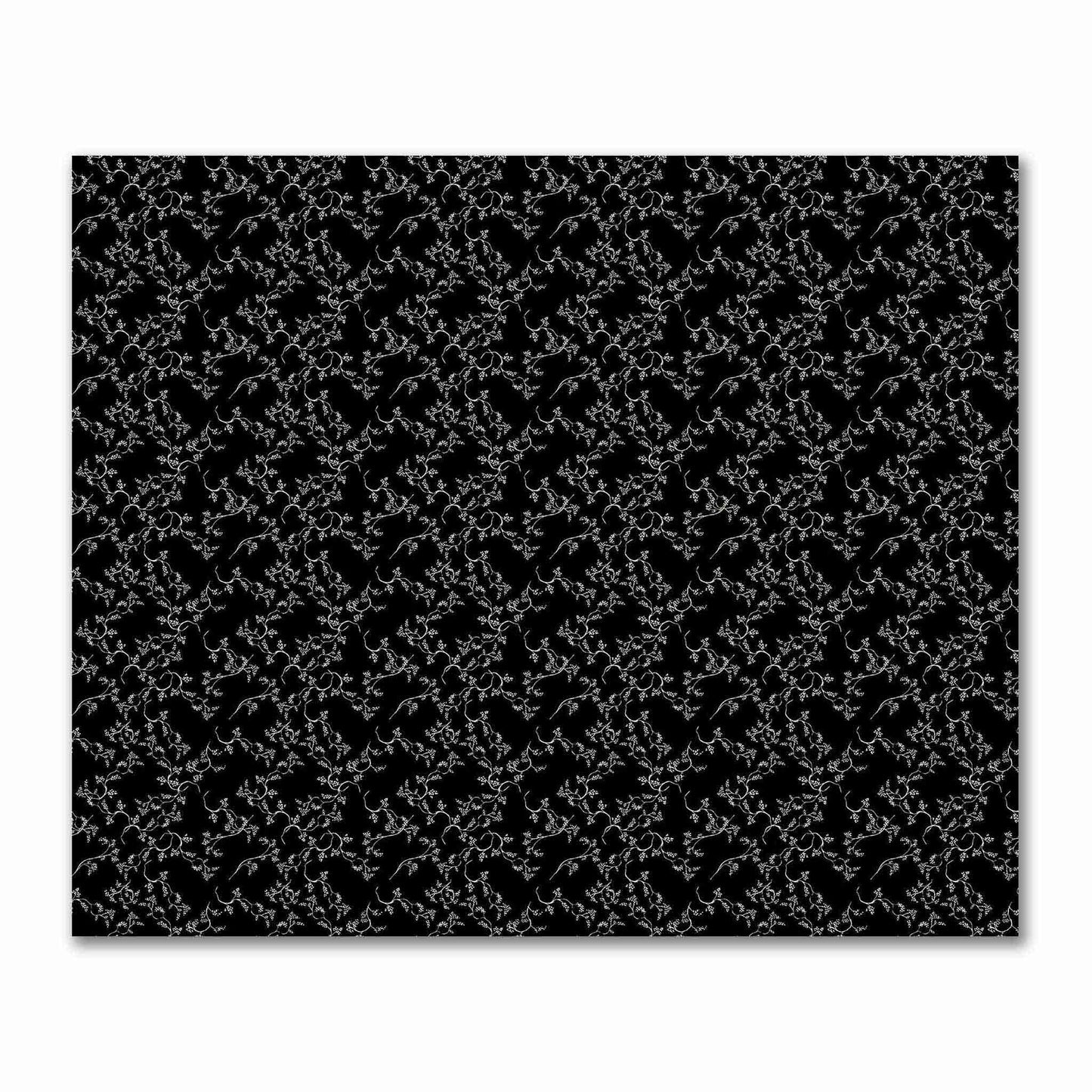 Black Cotton Sateen Fabric with Pale Cream Vine Print  | FACS-1013-182