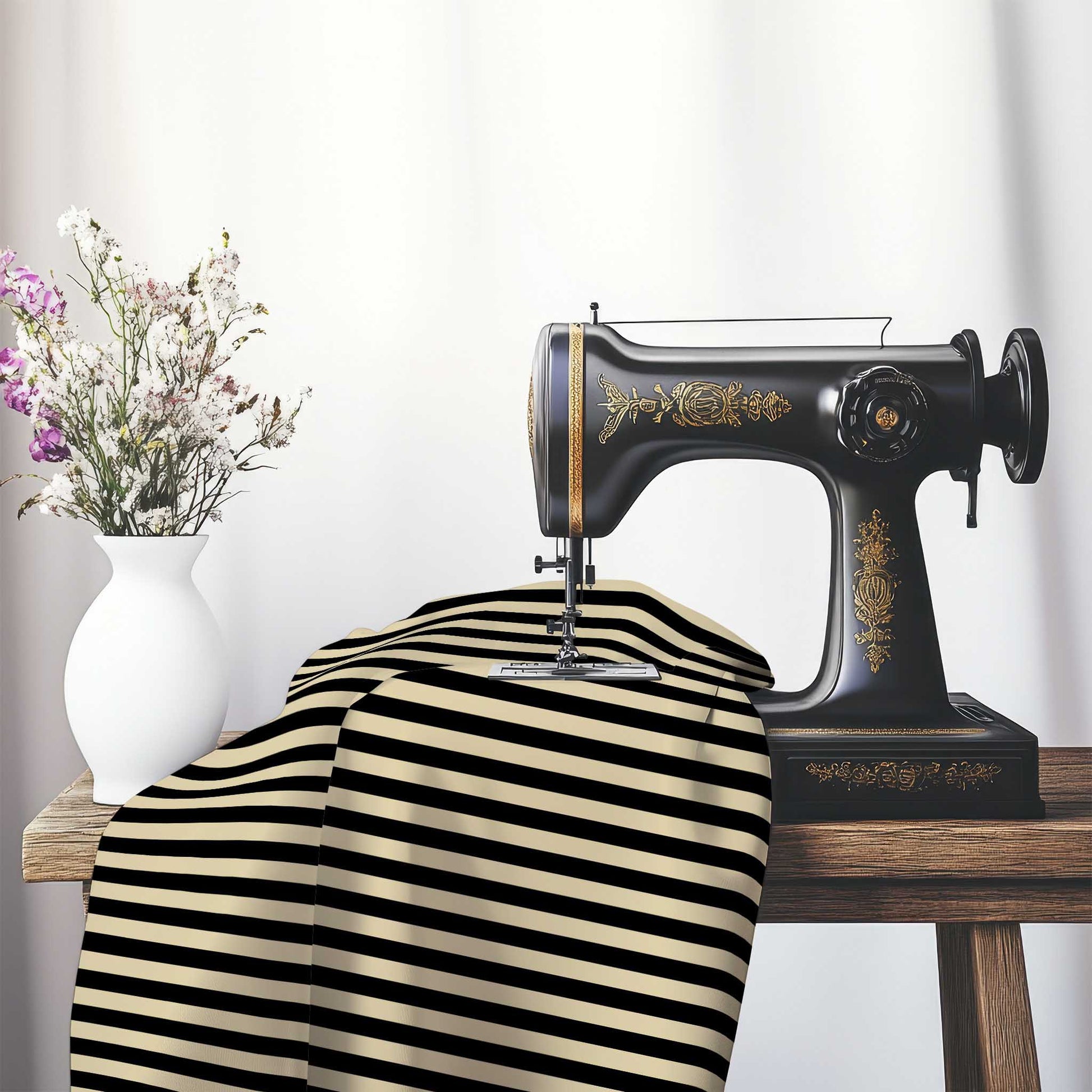 Cotton Sateen Fabric with Black Bars on Tan, FACS-1014-051, on an antique sewing machine sitting on a desk with vase of beautiful flowers.