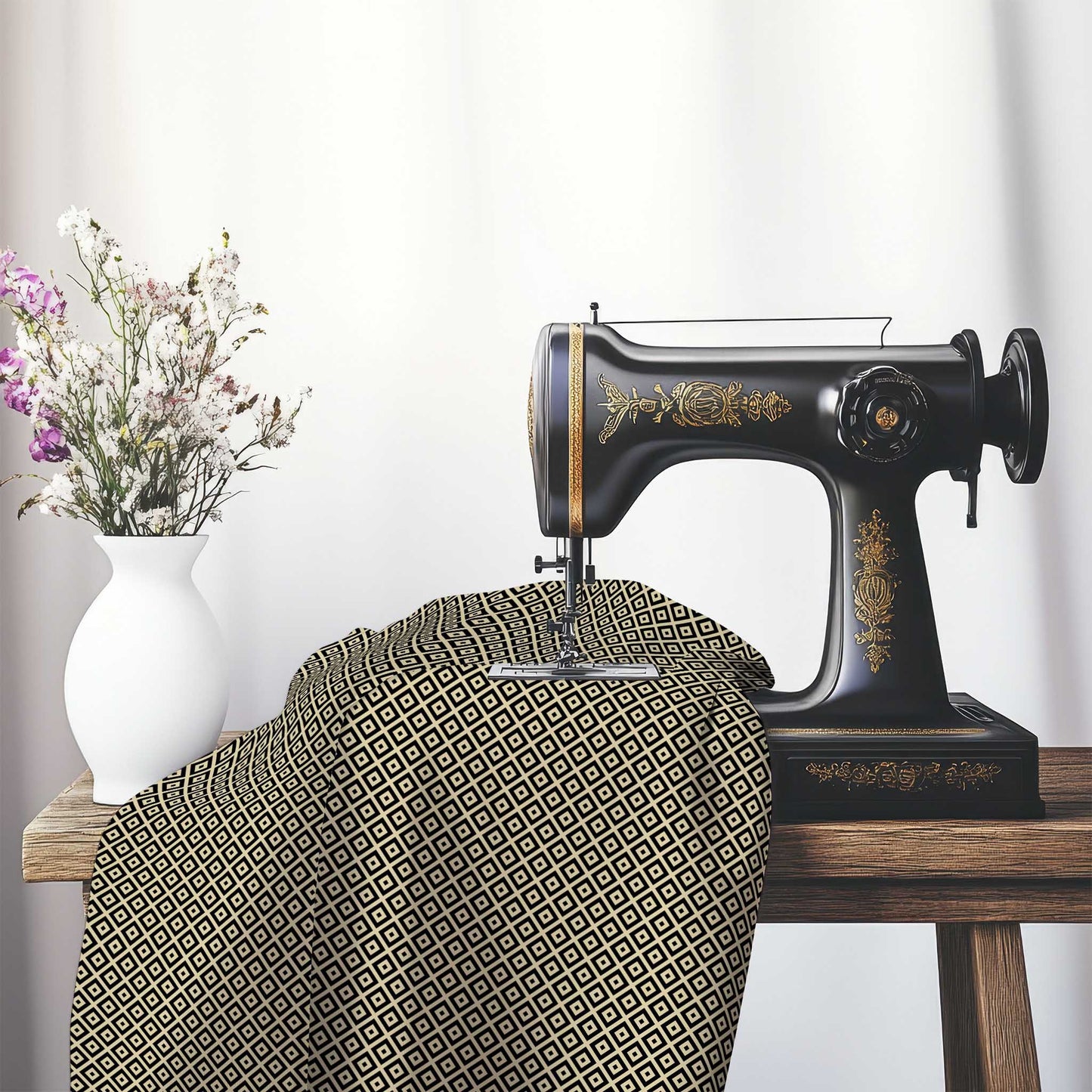 Tan Cotton Sateen Fabric with Black Repeating Square Motif Print, FASC-1014-122, on an antique sewing machine sitting on a desk with vase of beautiful flowers.