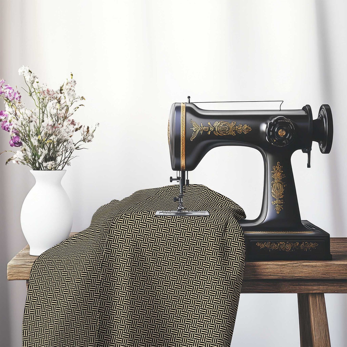 Tan Cotton Sateen Fabric with Black Single Weave Motif Print, FASC-1014-142, on an antique sewing machine sitting on a desk with vase of beautiful flowers.