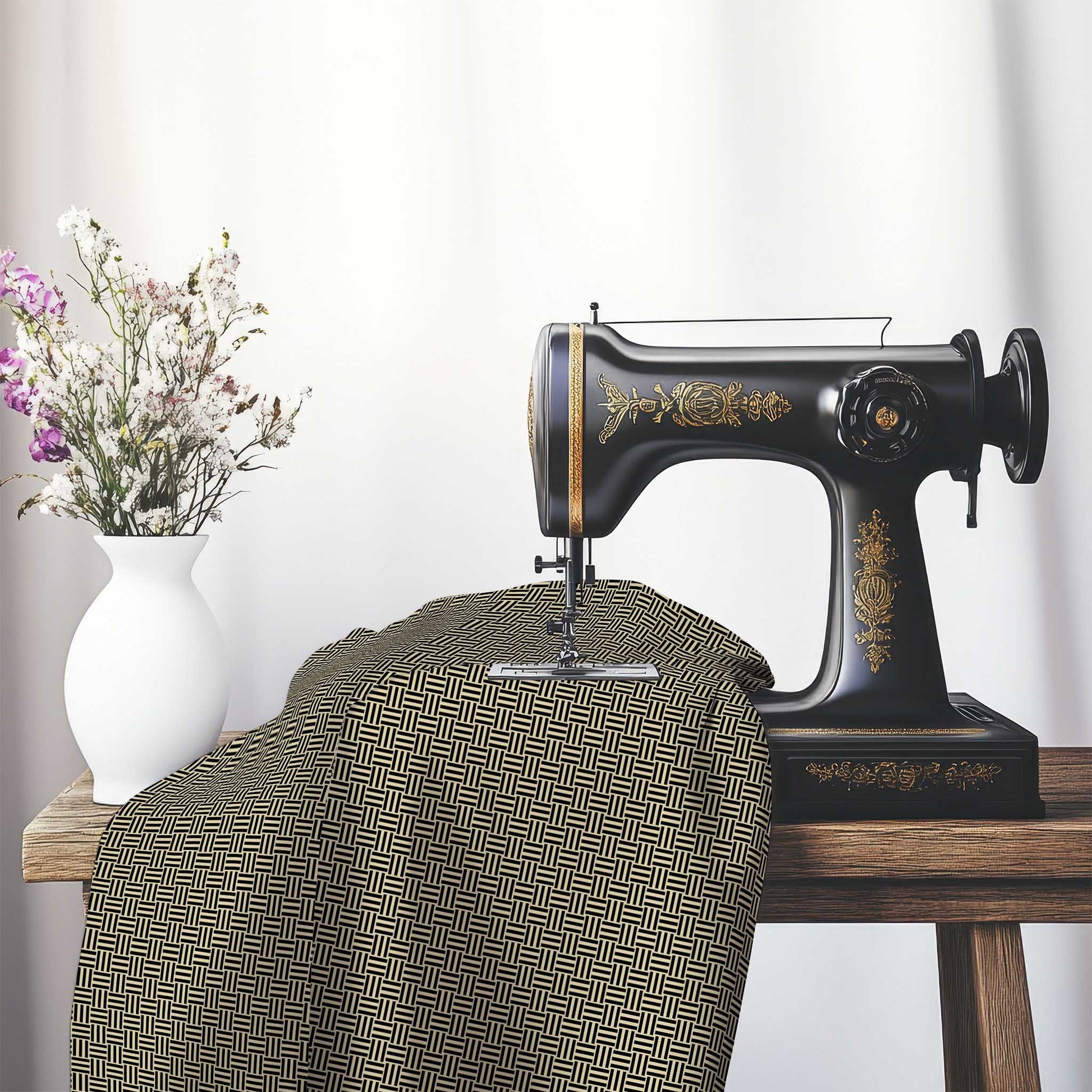 Tan Cotton Sateen Fabric with Black Single Weave Motif Print, FASC-1014-142, on an antique sewing machine sitting on a desk with vase of beautiful flowers.
