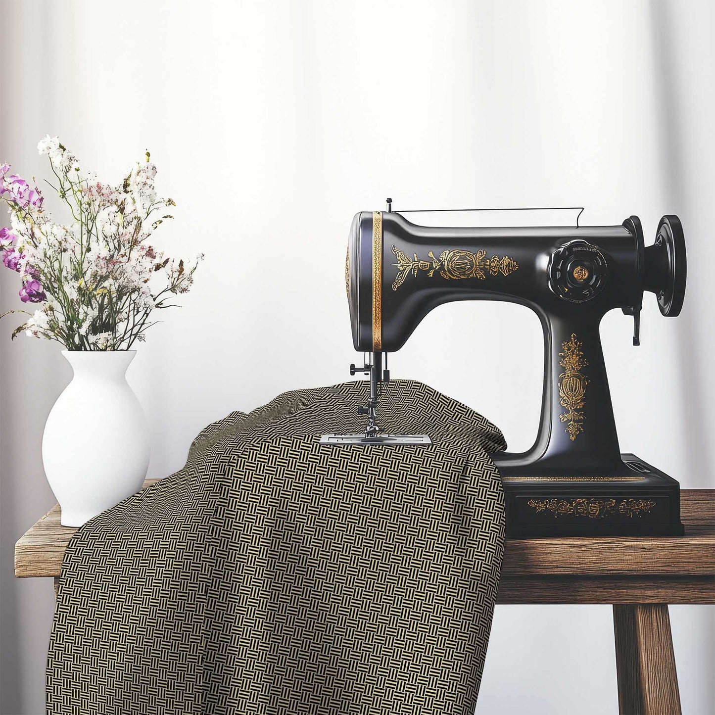 Tan Cotton Sateen Fabric with Black Double Weave Motif Print, FASC-1014-144, on an antique sewing machine sitting on a desk with vase of beautiful flowers.