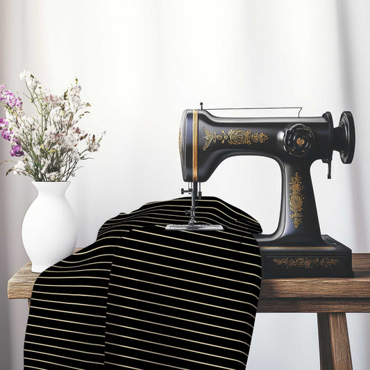 Cotton Sateen Fabric with Fine Tan Stripes on Black, FACS-1014-152, on an antique sewing machine sitting on a desk with vase of beautiful flowers.