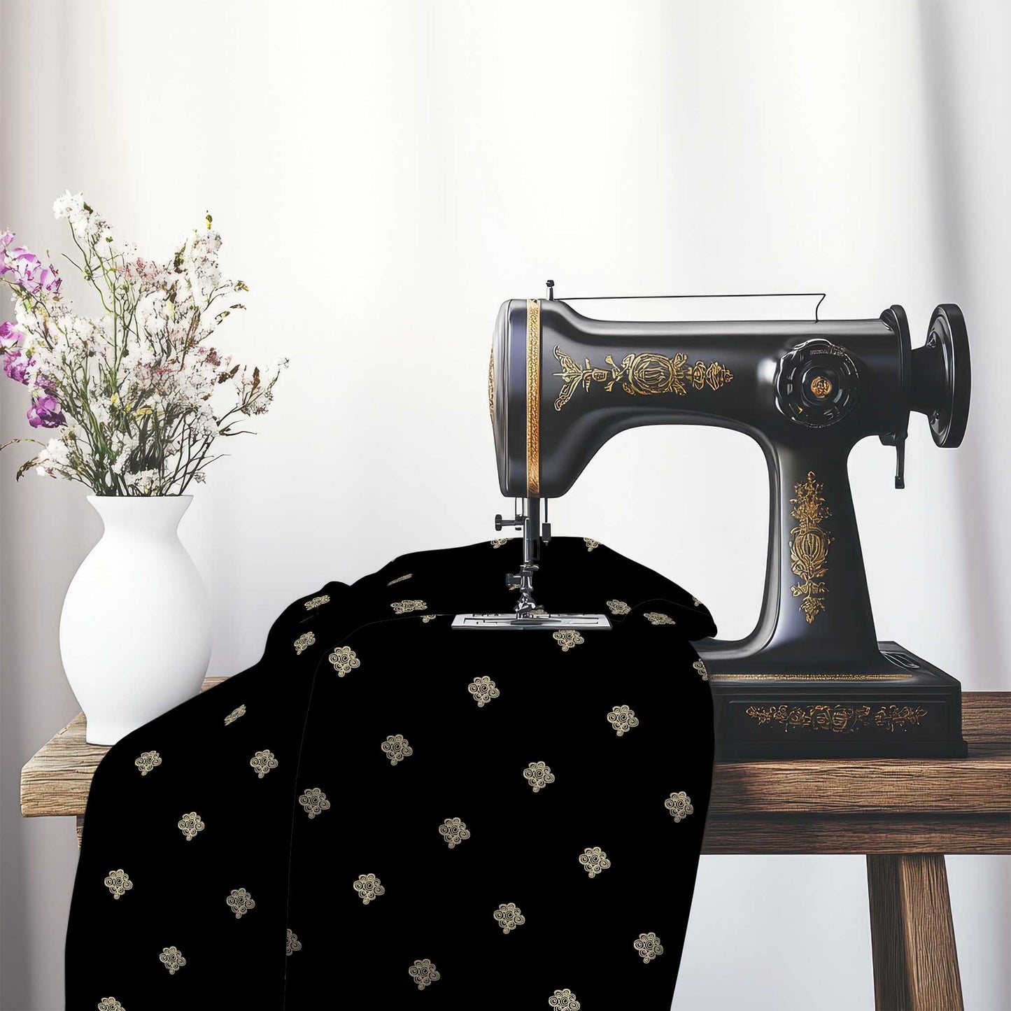 Black Cotton Sateen Fabric with Tan Hand-painted Swizzle Motif Print, FASC-1014-172, on an antique sewing machine sitting on a desk with vase of beautiful flowers.