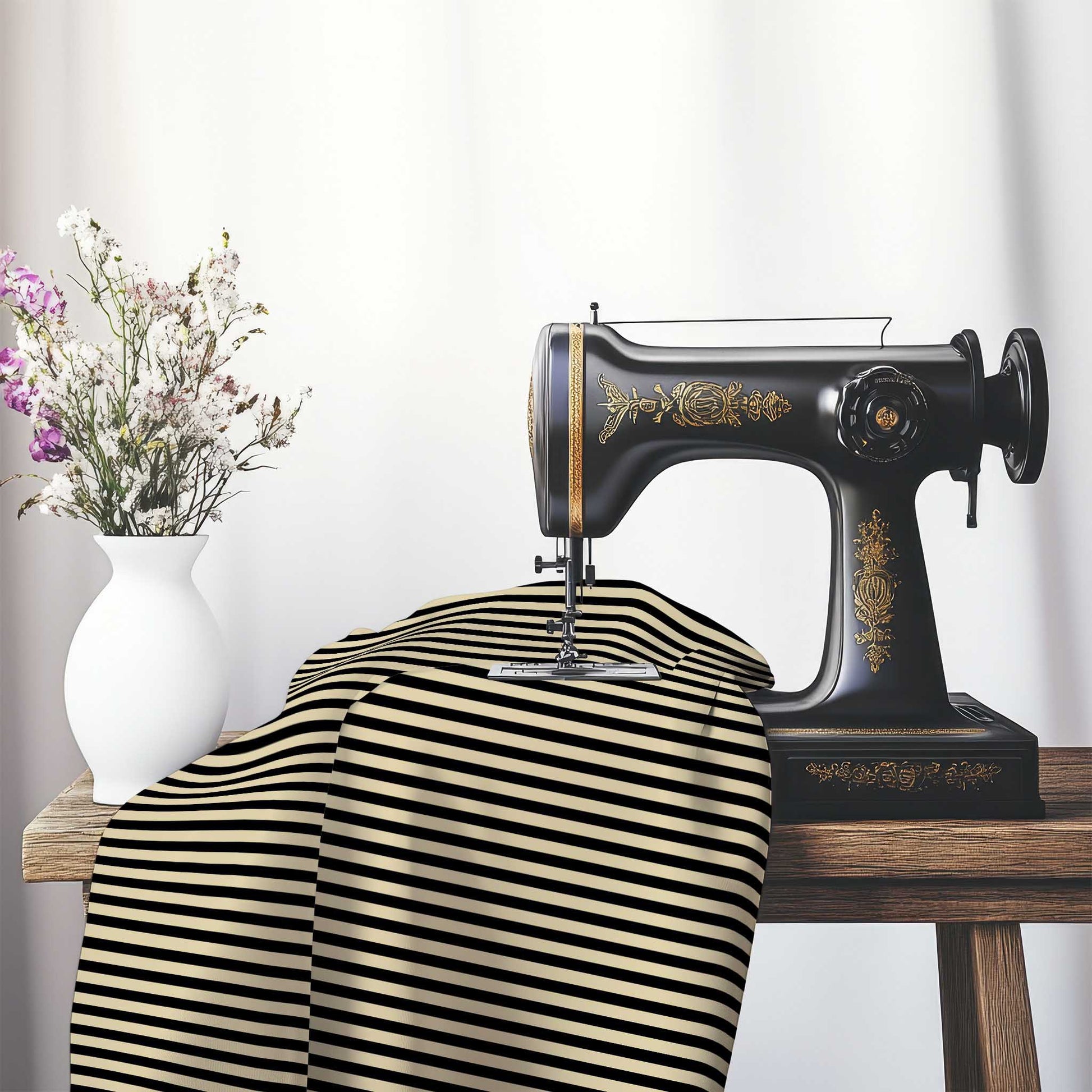 Cotton Sateen Fabric with Thin Black Bars on Tan, FACS-1014-241, on an antique sewing machine sitting on a desk with vase of beautiful flowers.