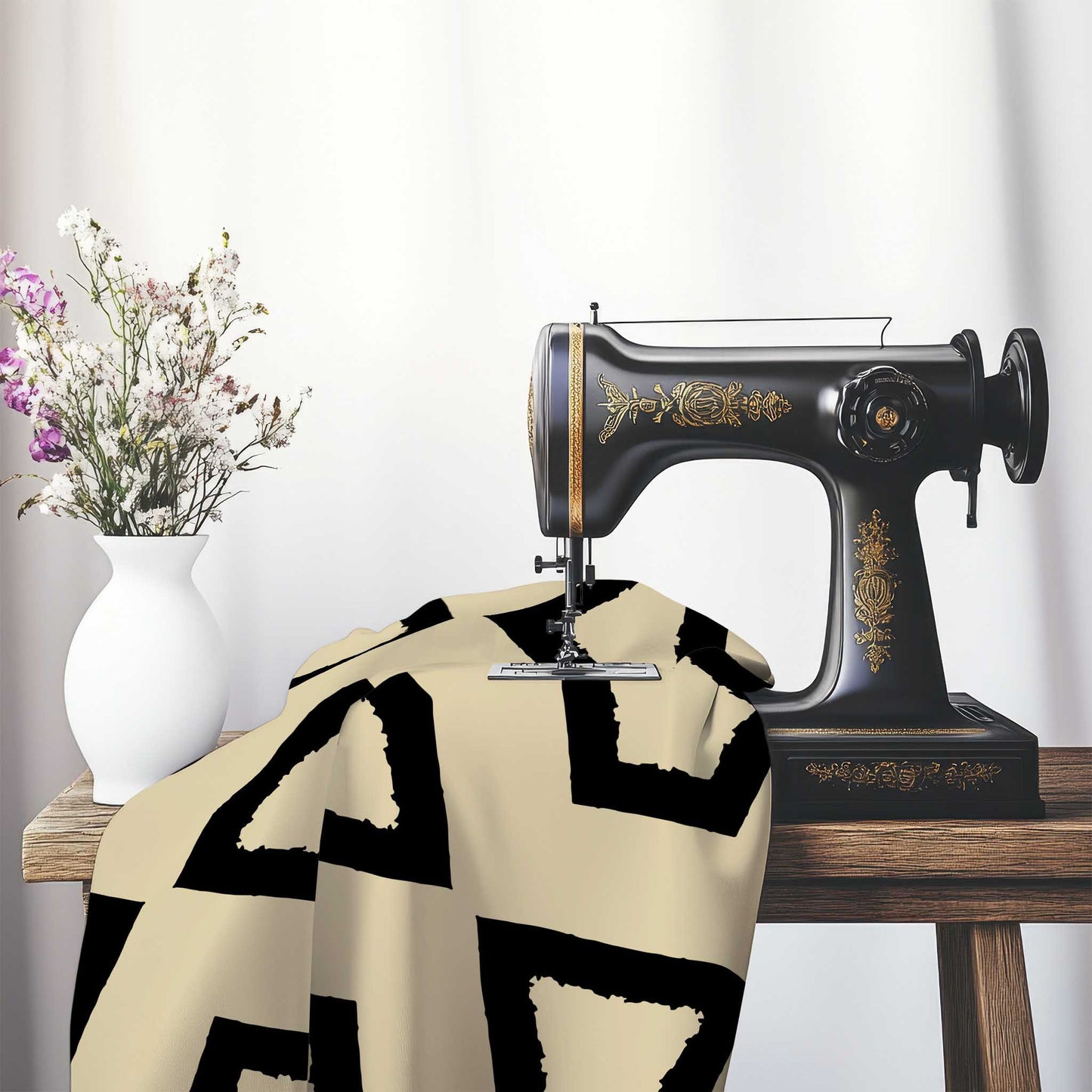 Tan Cotton Sateen Fabric with Bold Black Graphic , FASC-1014-391, on an antique sewing machine sitting on a desk with vase of beautiful flowers.