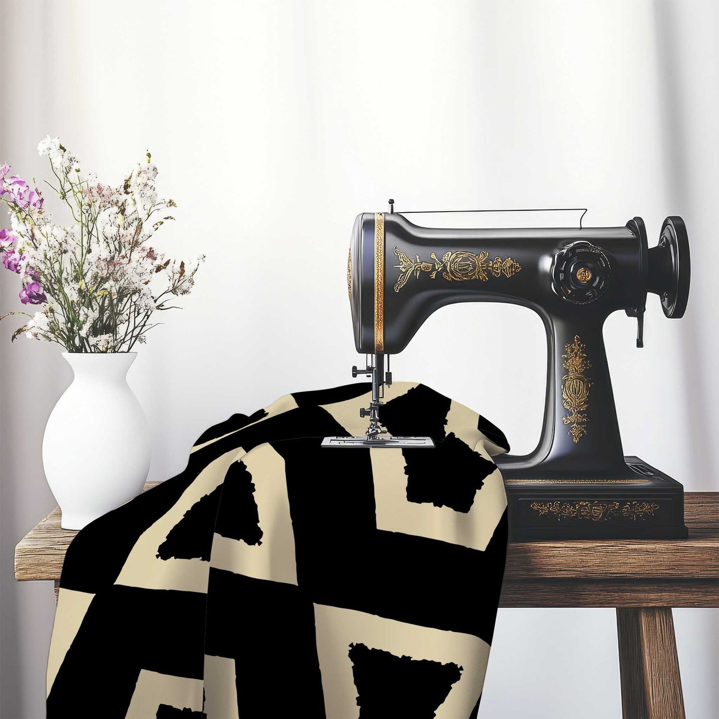 Black Cotton Sateen Fabric with Bold Tan Graphic , FASC-1014-392, on an antique sewing machine sitting on a desk with vase of beautiful flowers.