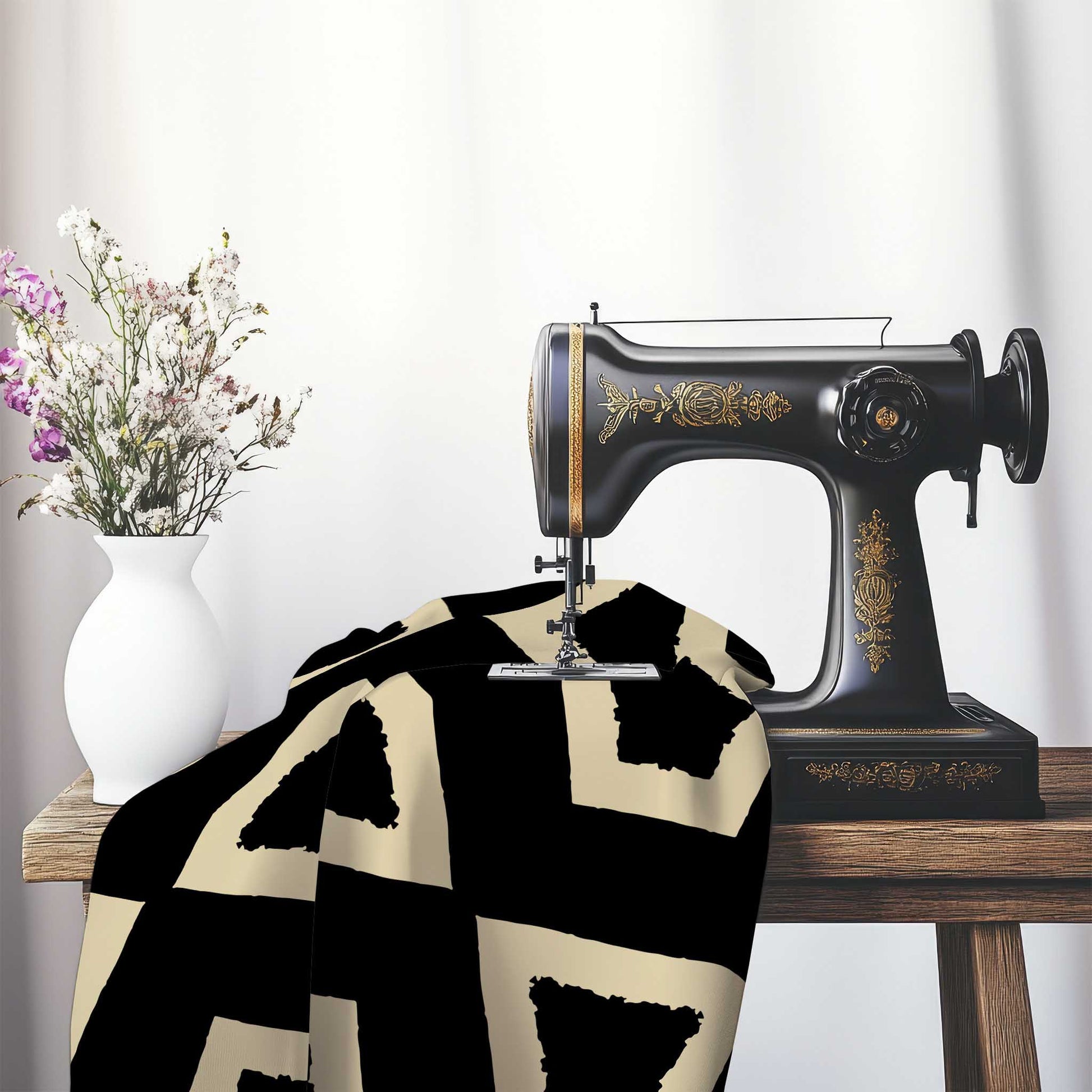 Black Cotton Sateen Fabric with Bold Tan Graphic , FASC-1014-392, on an antique sewing machine sitting on a desk with vase of beautiful flowers.