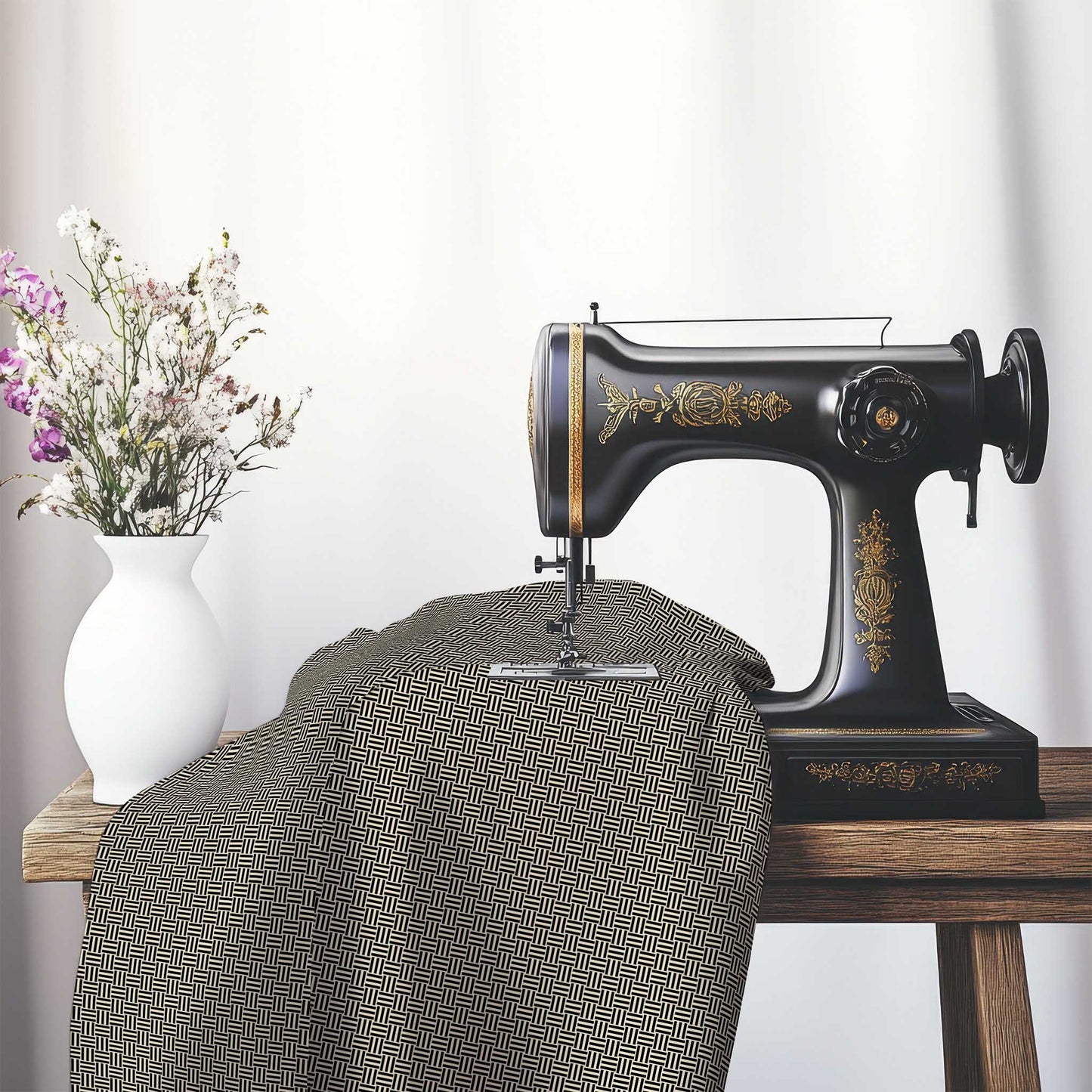 Beige Cotton Sateen Fabric with Black Double Weave Motif Print, FASC-1015-144, on an antique sewing machine sitting on a desk with vase of beautiful flowers.