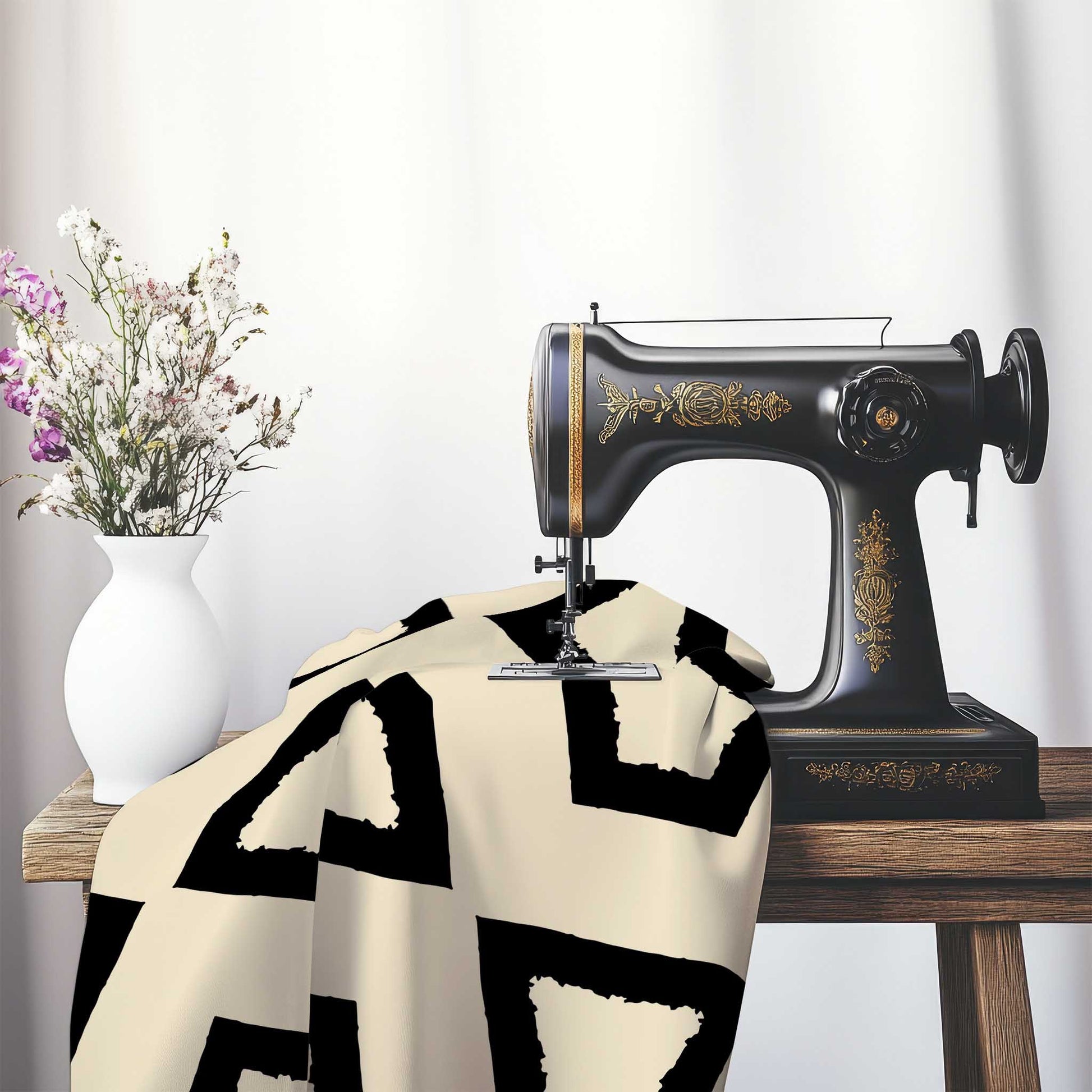 Beige Cotton Sateen Fabric with Bold Black Graphic , FASC-1015-391, on an antique sewing machine sitting on a desk with vase of beautiful flowers.