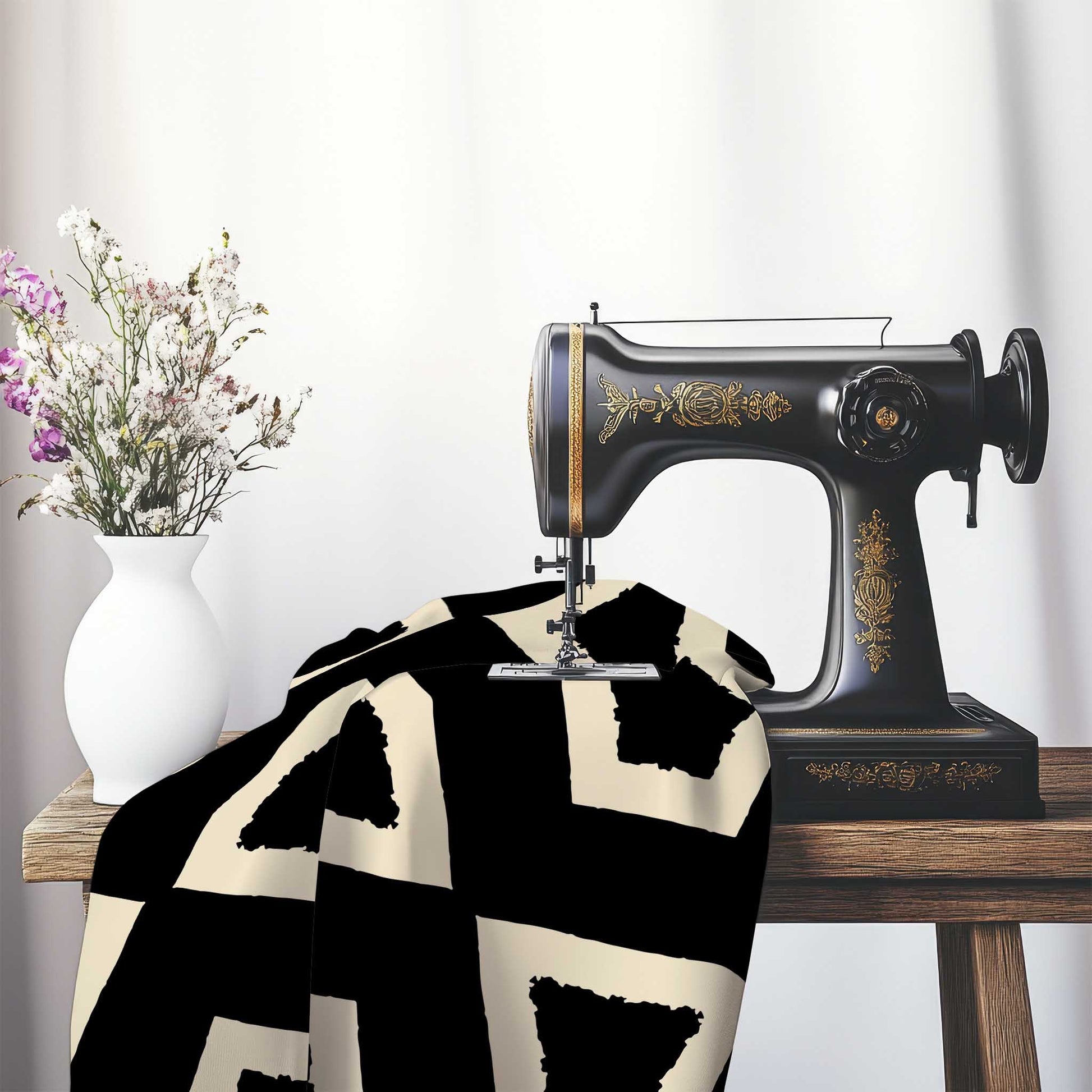 Black Cotton Sateen Fabric with Bold Beige Graphic , FASC-1015-392, on an antique sewing machine sitting on a desk with vase of beautiful flowers.