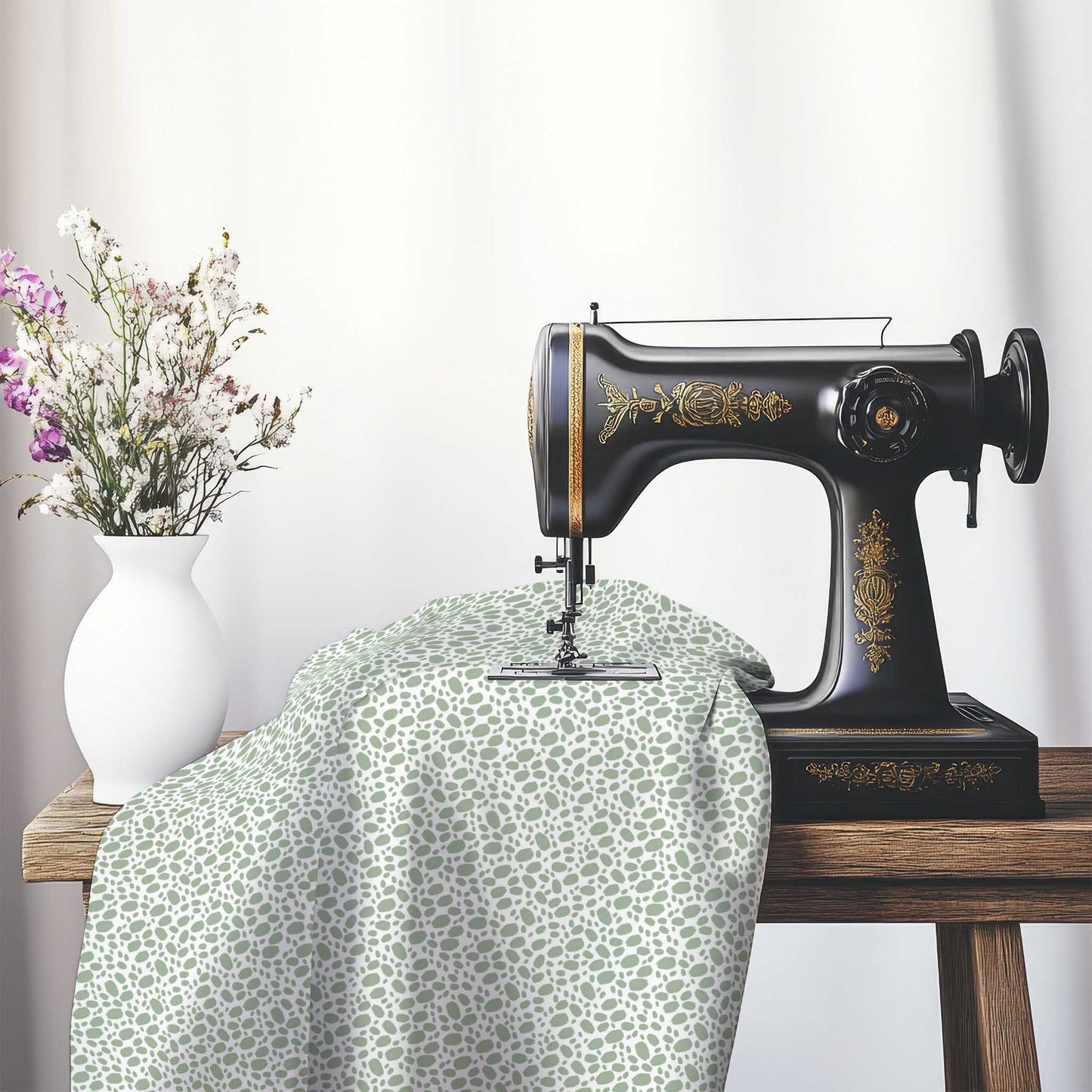 Off-White Cotton Sateen Fabric with Green Hand-painted Dab Motif Print, FASC-1052-092, on an antique sewing machine sitting on a desk with vase of beautiful flowers.
