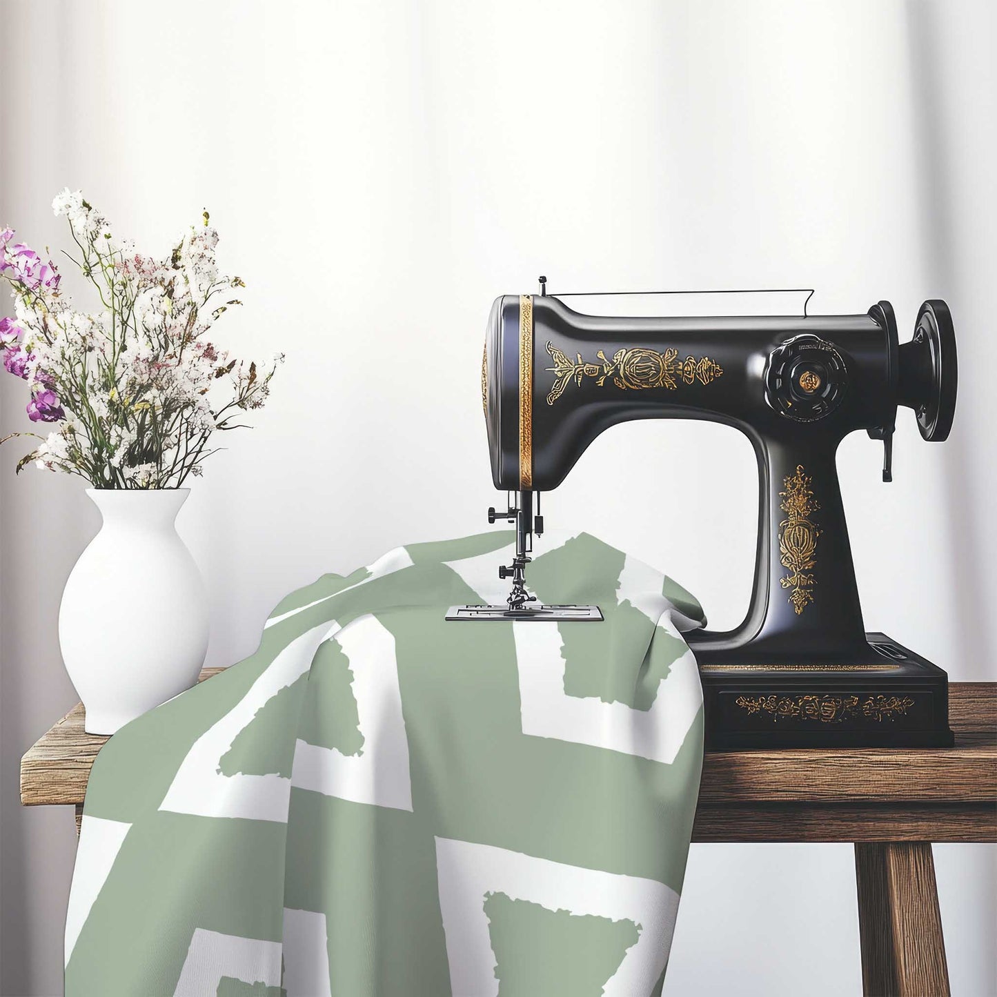 Green Cotton Sateen Fabric with Bold Off-White Graphic , FASC-1052-392, on an antique sewing machine sitting on a desk with vase of beautiful flowers.