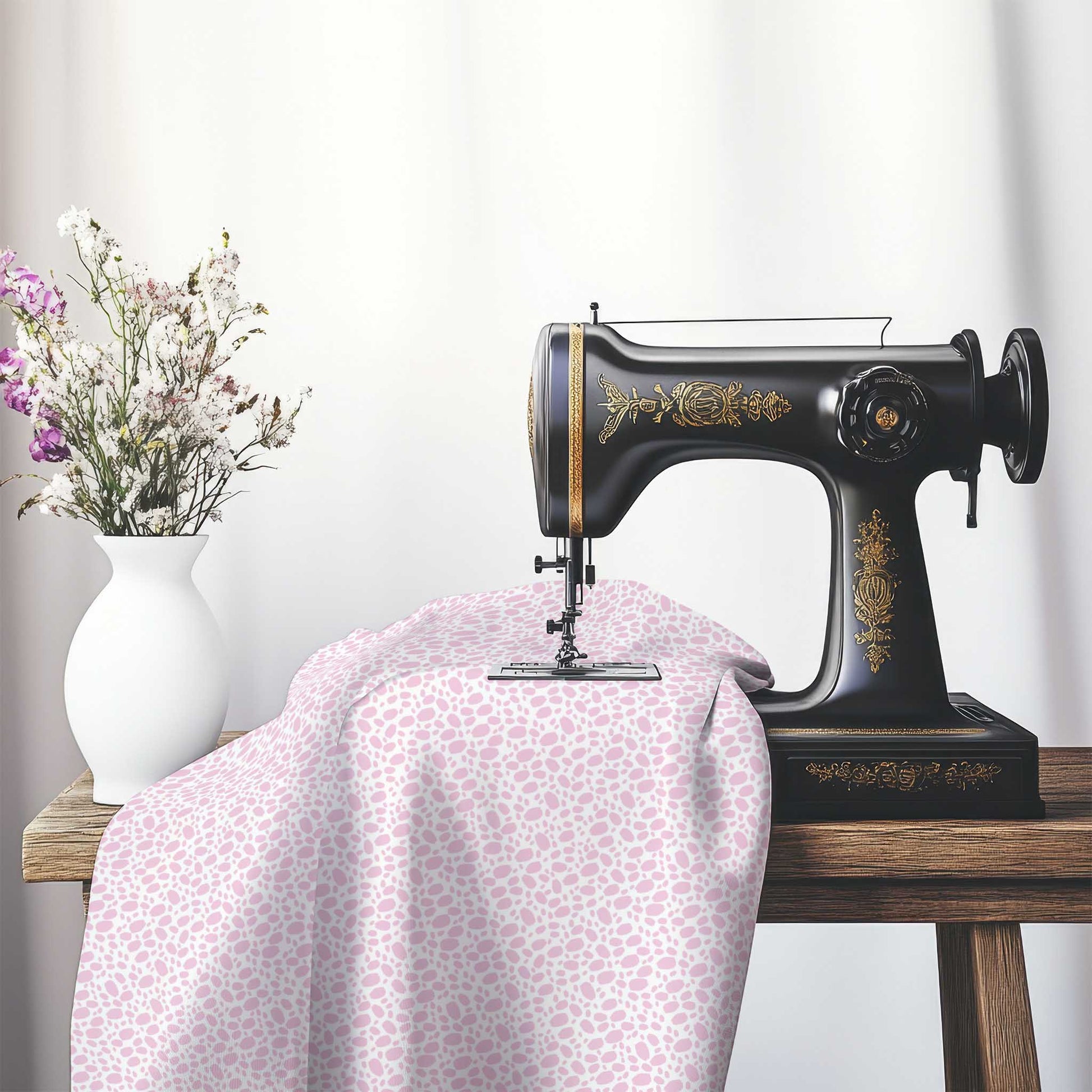 Off-White Cotton Sateen Fabric with Pink Hand-painted Dab Motif Print, FASC-1081-092, on an antique sewing machine sitting on a desk with vase of beautiful flowers.
