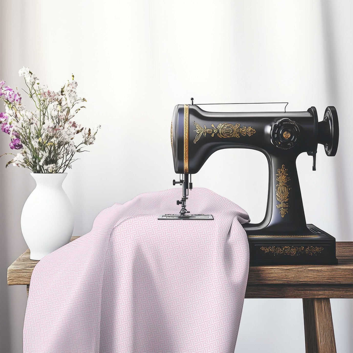 Off-White Cotton Sateen Fabric with Pink Double Weave Motif Print, FASC-1081-144, on an antique sewing machine sitting on a desk with vase of beautiful flowers.