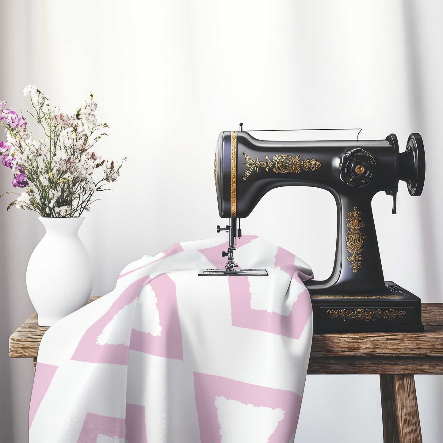Off-White Cotton Sateen Fabric with Bold Pink Graphic , FASC-1081-391, on an antique sewing machine sitting on a desk with vase of beautiful flowers.