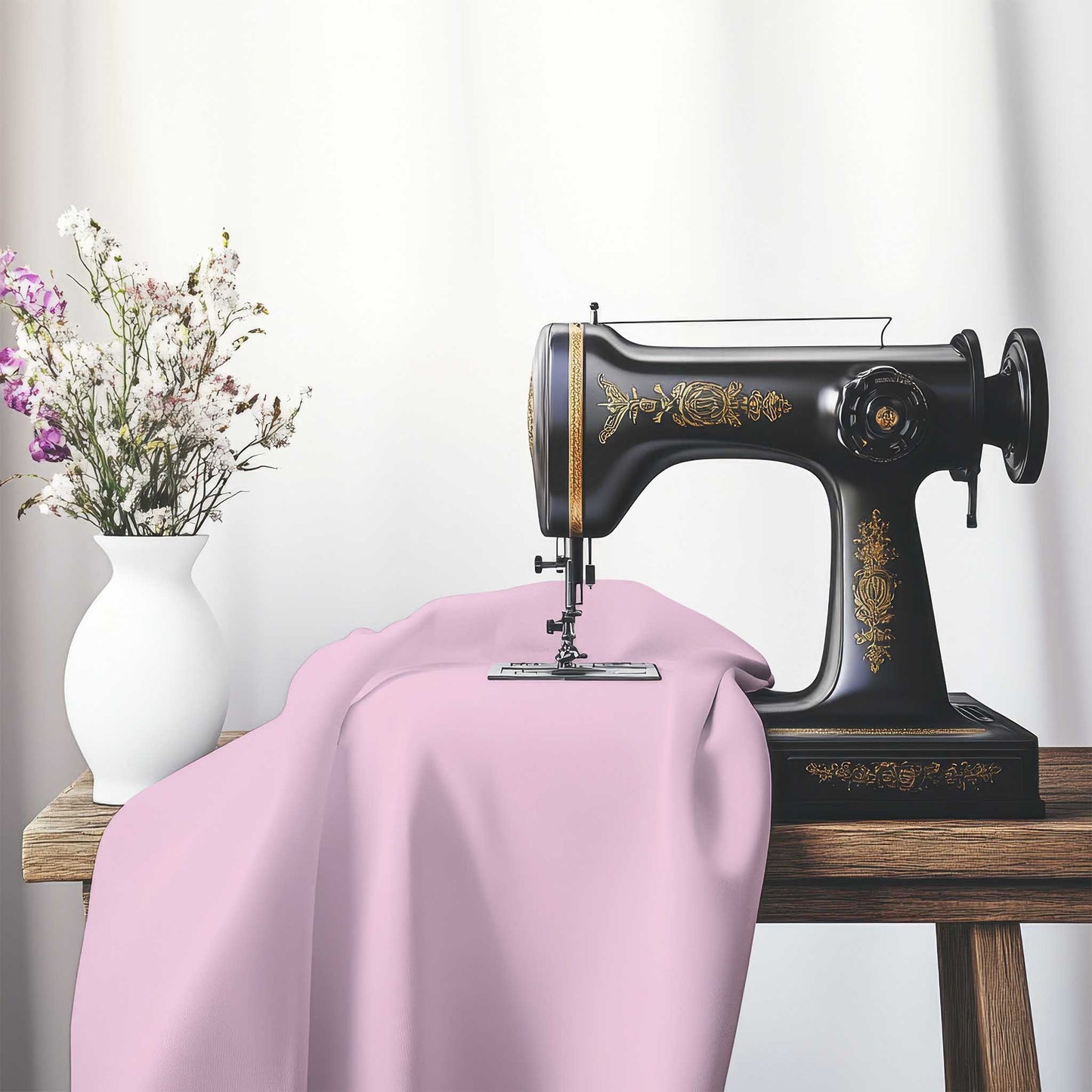 Pink Cotton Sateen Fabric, FACS-1081-999, on an antique sewing machine sitting on a desk with vase of beautiful flowers.