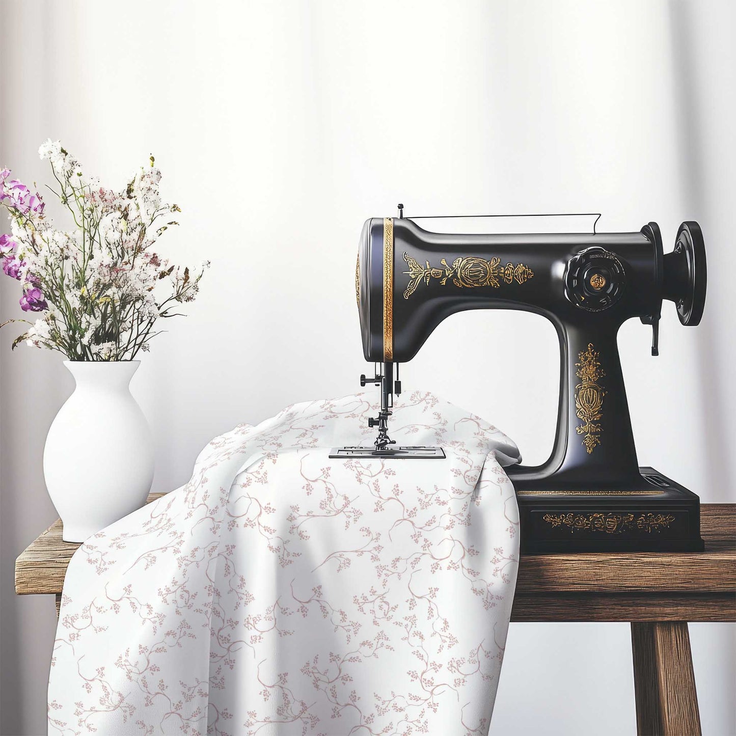Off-White Cotton Sateen Fabric with Salmon Hand-painted Vine Print, FASC-1139-181, on an antique sewing machine sitting on a desk with vase of beautiful flowers.