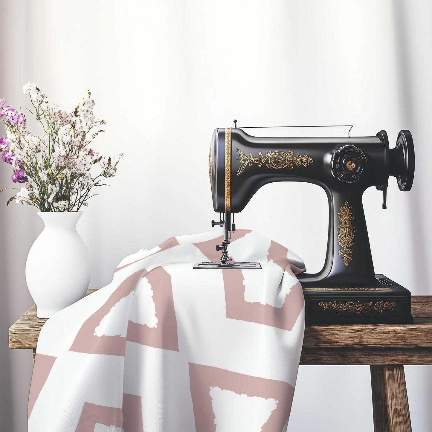 Off-White Cotton Sateen Fabric with Bold Salmon Graphic , FASC-1139-391, on an antique sewing machine sitting on a desk with vase of beautiful flowers.