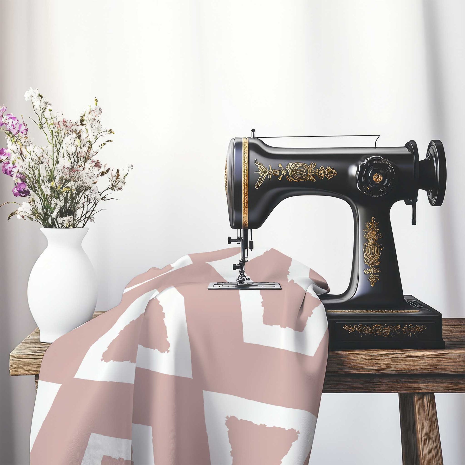 Salmon Cotton Sateen Fabric with Bold Off-White Graphic , FASC-1139-392, on an antique sewing machine sitting on a desk with vase of beautiful flowers.