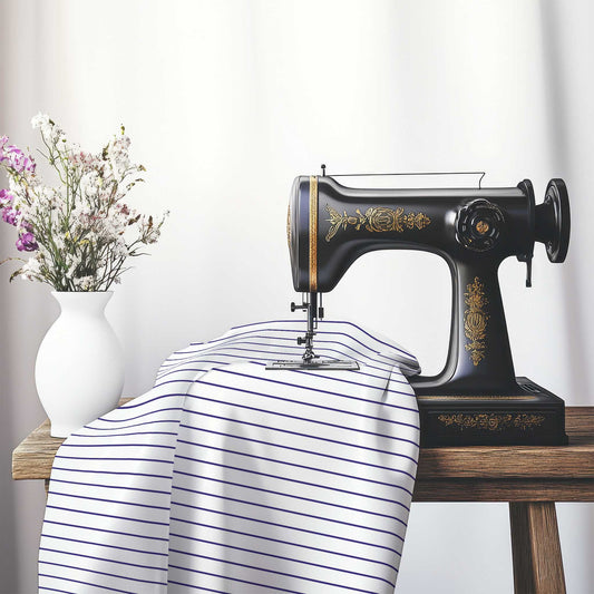 White Cotton Sateen Fabric with Fine Purple Stripes, FACS-1143-151, on an antique sewing machine sitting on a desk with vase of beautiful flowers.