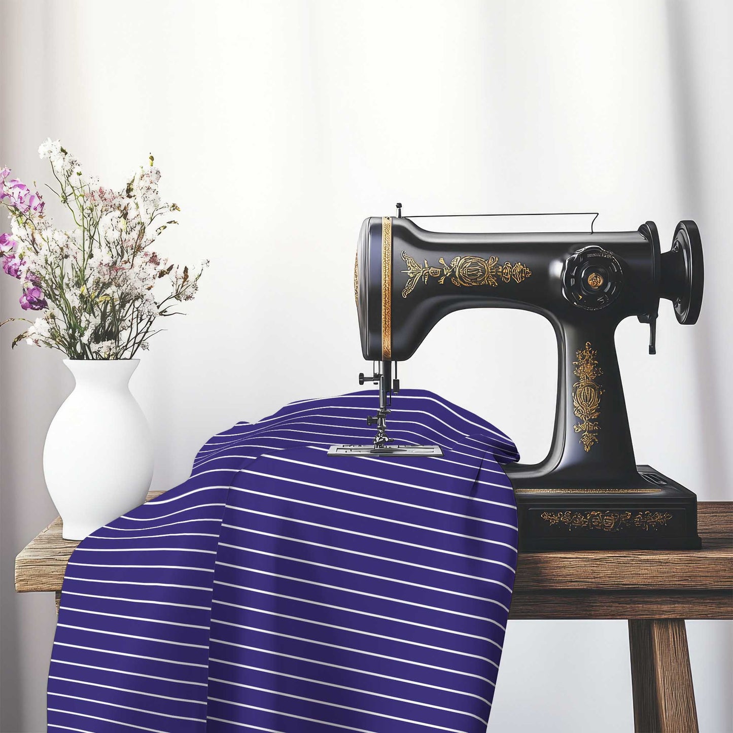 Cotton Sateen Fabric with Fine White Stripes on Purple, FACS-1143-152, on an antique sewing machine sitting on a desk with vase of beautiful flowers.