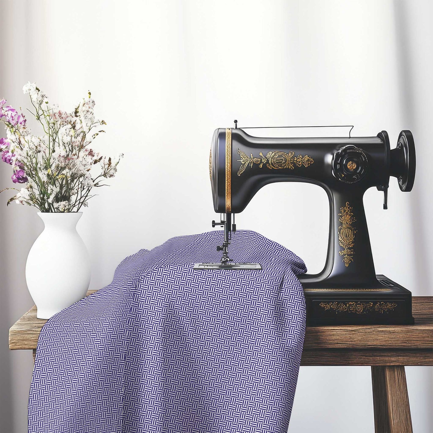 Off-White Cotton Sateen Fabric with Purple Double Weave Motif Print, FASC-1143-144, on an antique sewing machine sitting on a desk with vase of beautiful flowers.