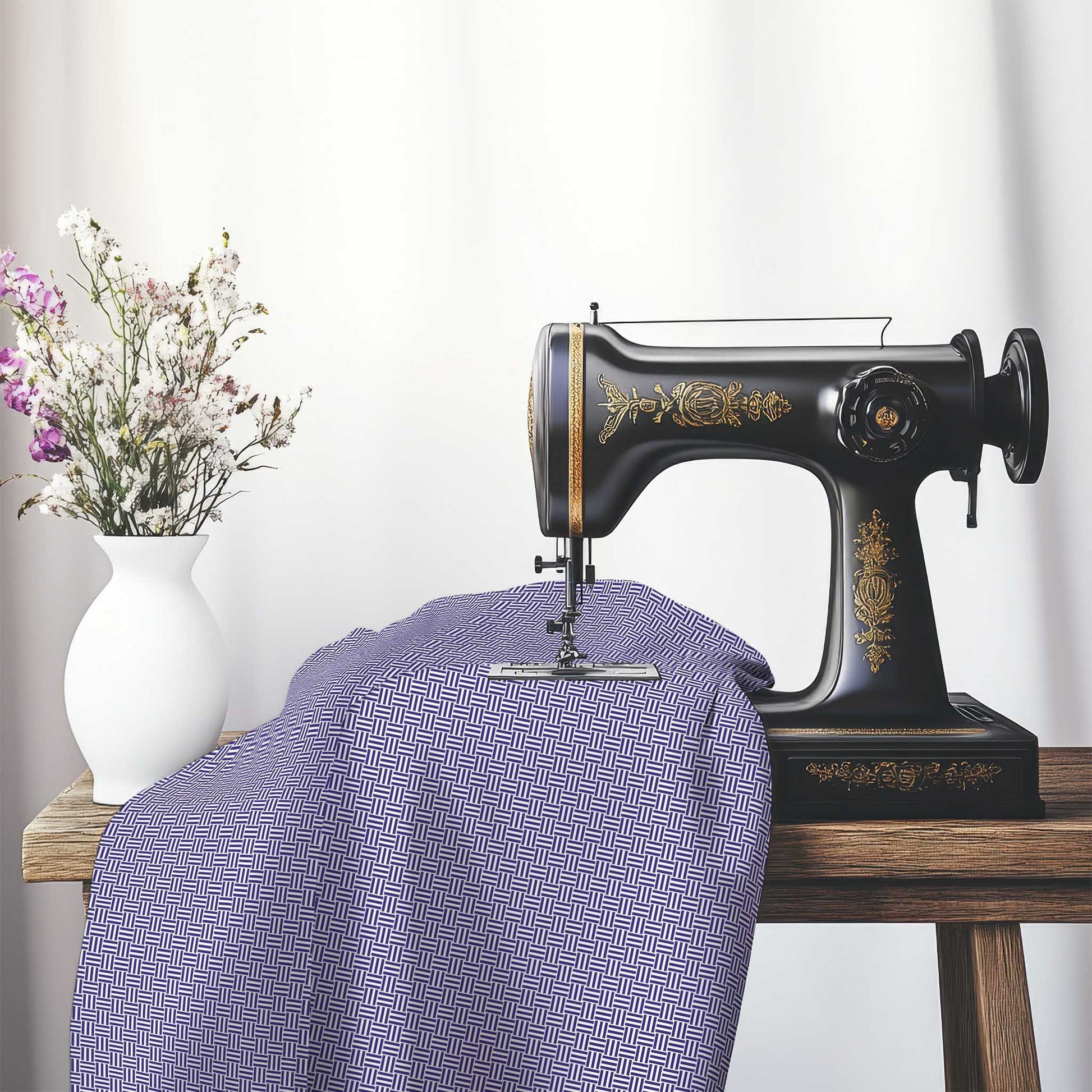 Off-White Cotton Sateen Fabric with Purple Double Weave Motif Print, FASC-1143-144, on an antique sewing machine sitting on a desk with vase of beautiful flowers.