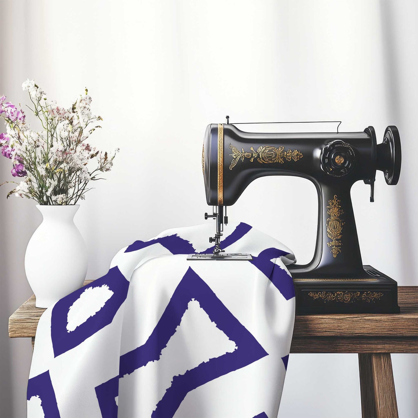 Off-White Cotton Sateen Fabric with Bold Purple Graphic , FASC-1143-391, on an antique sewing machine sitting on a desk with vase of beautiful flowers.