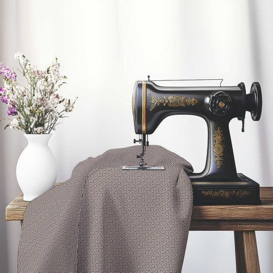 Off-White Cotton Sateen Fabric with Brown Double Weave Motif Print, FASC-1161-144, on an antique sewing machine sitting on a desk with vase of beautiful flowers.