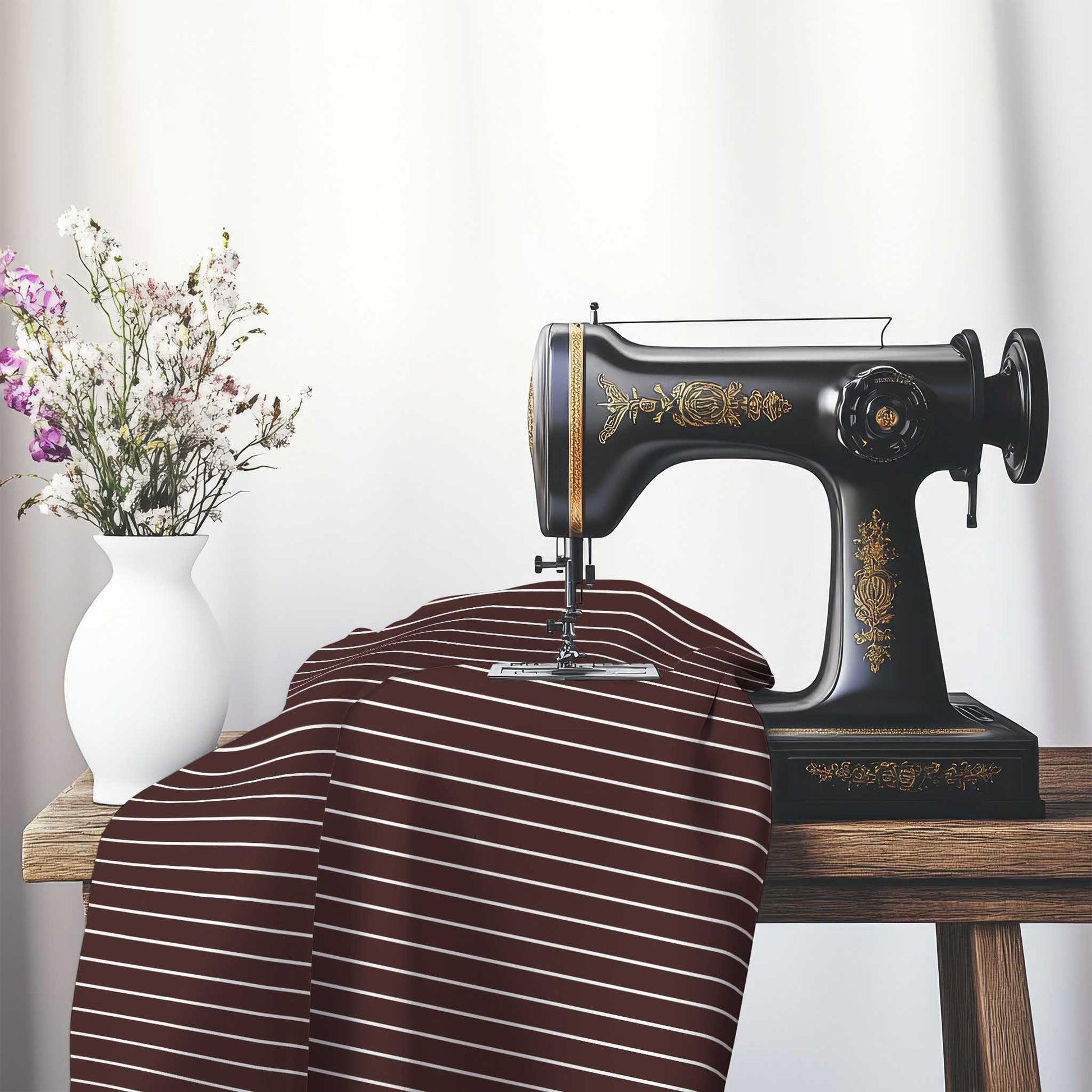 Cotton Sateen Fabric with Fine White Stripes on Brown, FACS-1161-152, on an antique sewing machine sitting on a desk with vase of beautiful flowers.