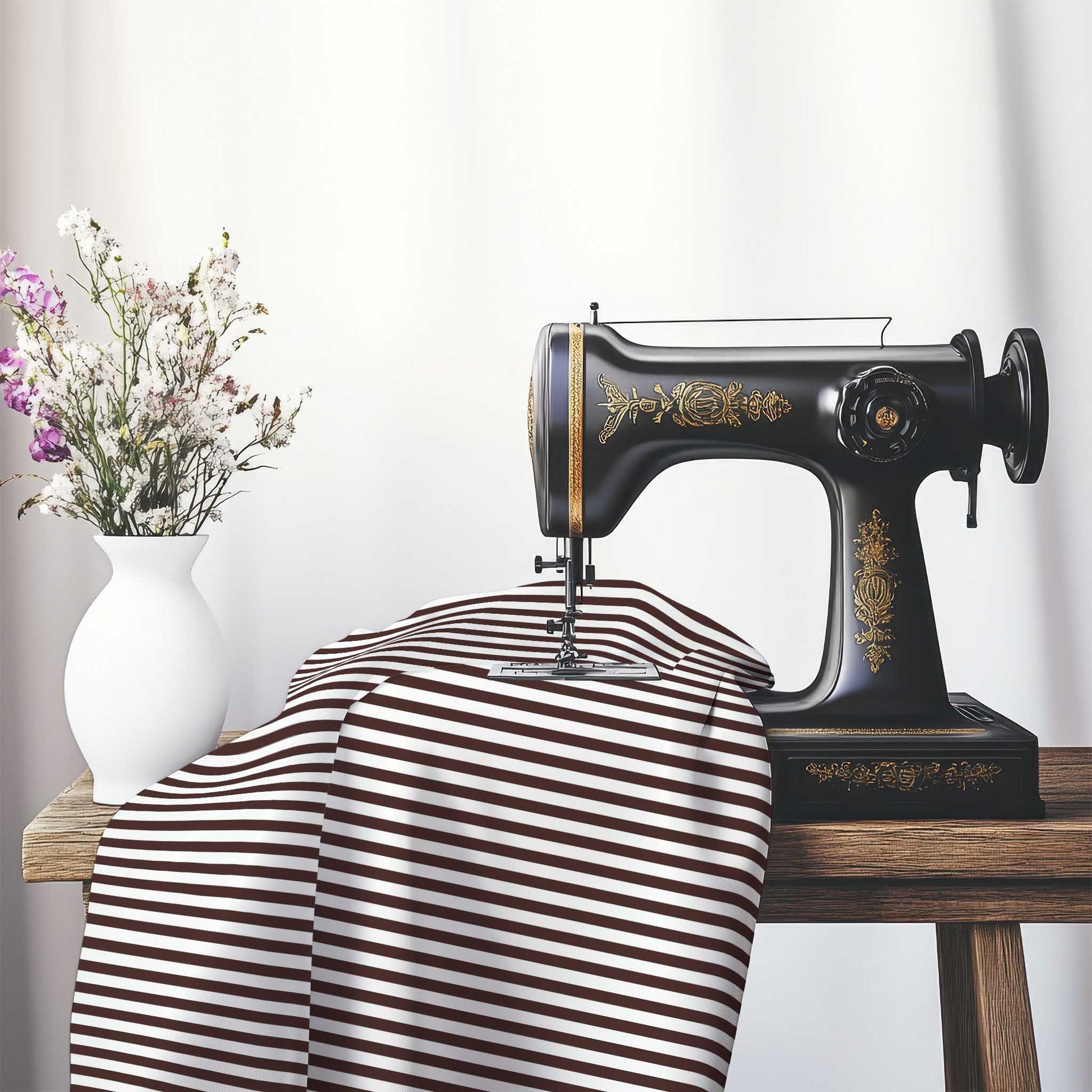 White Cotton Sateen Fabric with Thin Brown Bars, FACS-1161-241, on an antique sewing machine sitting on a desk with vase of beautiful flowers.