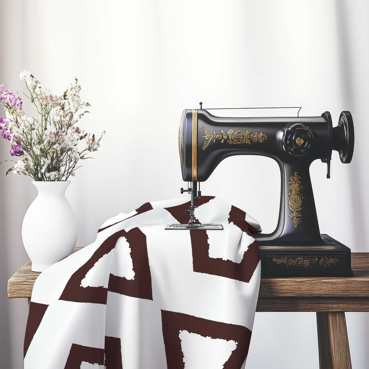 Off-White Cotton Sateen Fabric with Bold Brown Graphic , FASC-1161-391, on an antique sewing machine sitting on a desk with vase of beautiful flowers.