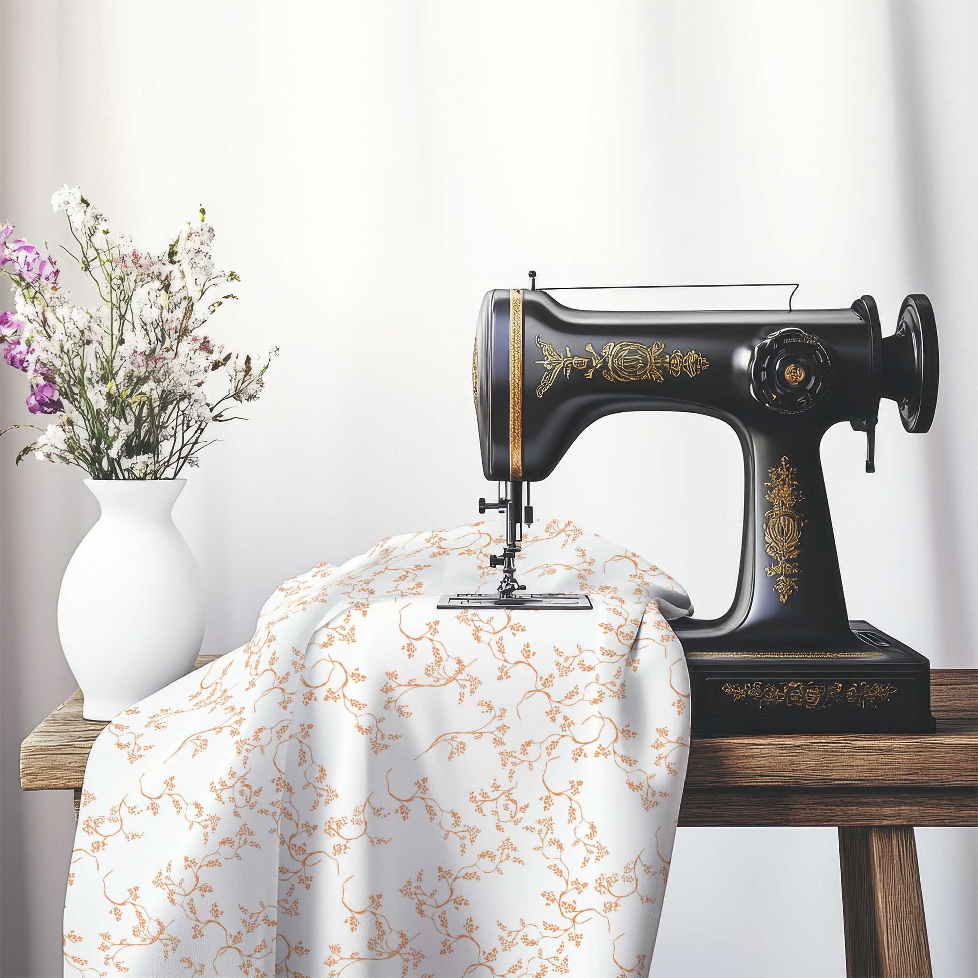 Off-White Cotton Sateen Fabric with Orange Hand-painted Vine Print, FASC-1181-181, on an antique sewing machine sitting on a desk with vase of beautiful flowers.