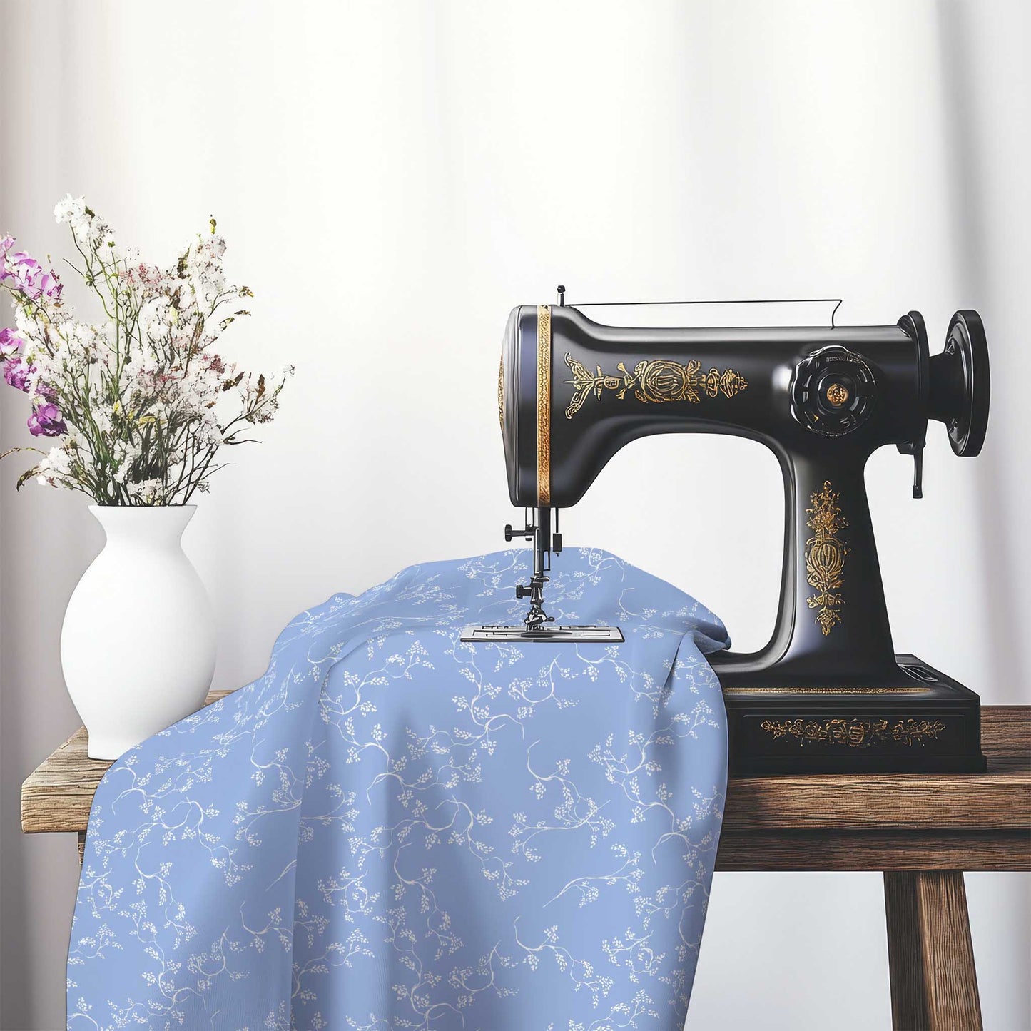 Blue Cotton Sateen Fabric with Off-White Vine Print , FASC-1231-182, on an antique sewing machine sitting on a desk with vase of beautiful flowers.