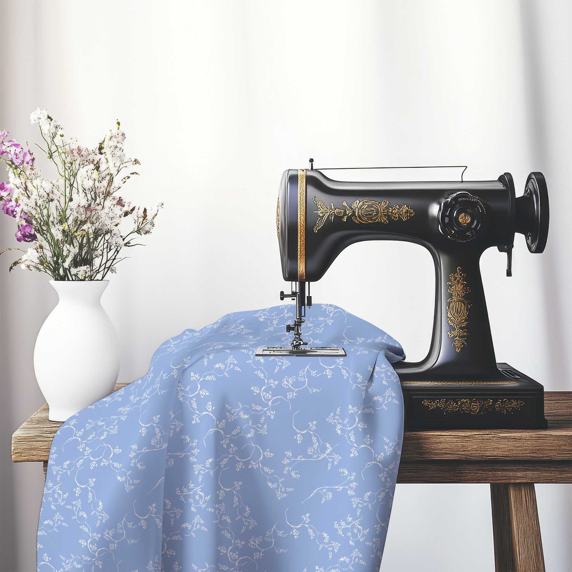 Blue Cotton Sateen Fabric with Off-White Vine Print , FASC-1231-182, on an antique sewing machine sitting on a desk with vase of beautiful flowers.