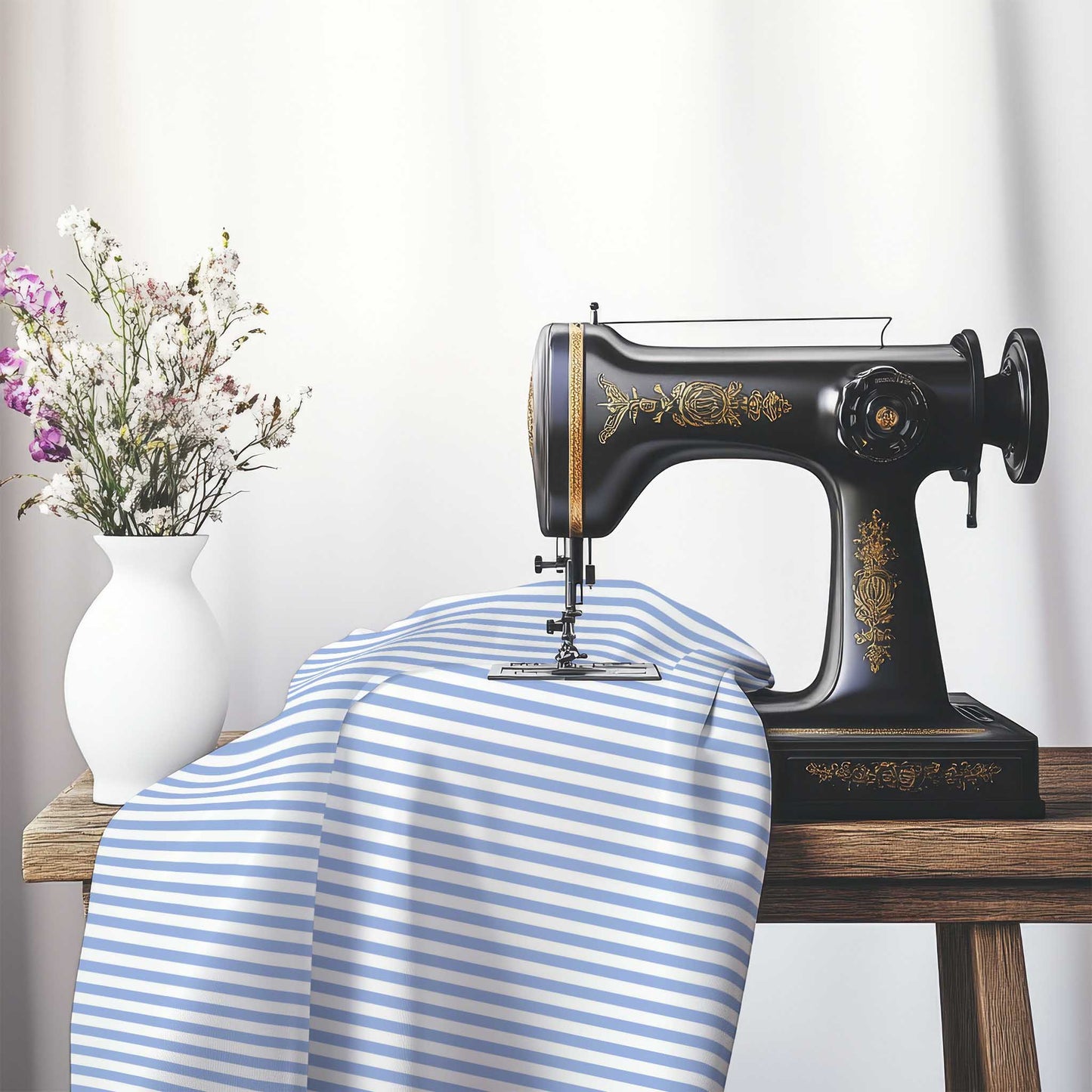 White Cotton Sateen Fabric with Thin Blue Bars, FACS-1231-241, on an antique sewing machine sitting on a desk with vase of beautiful flowers.